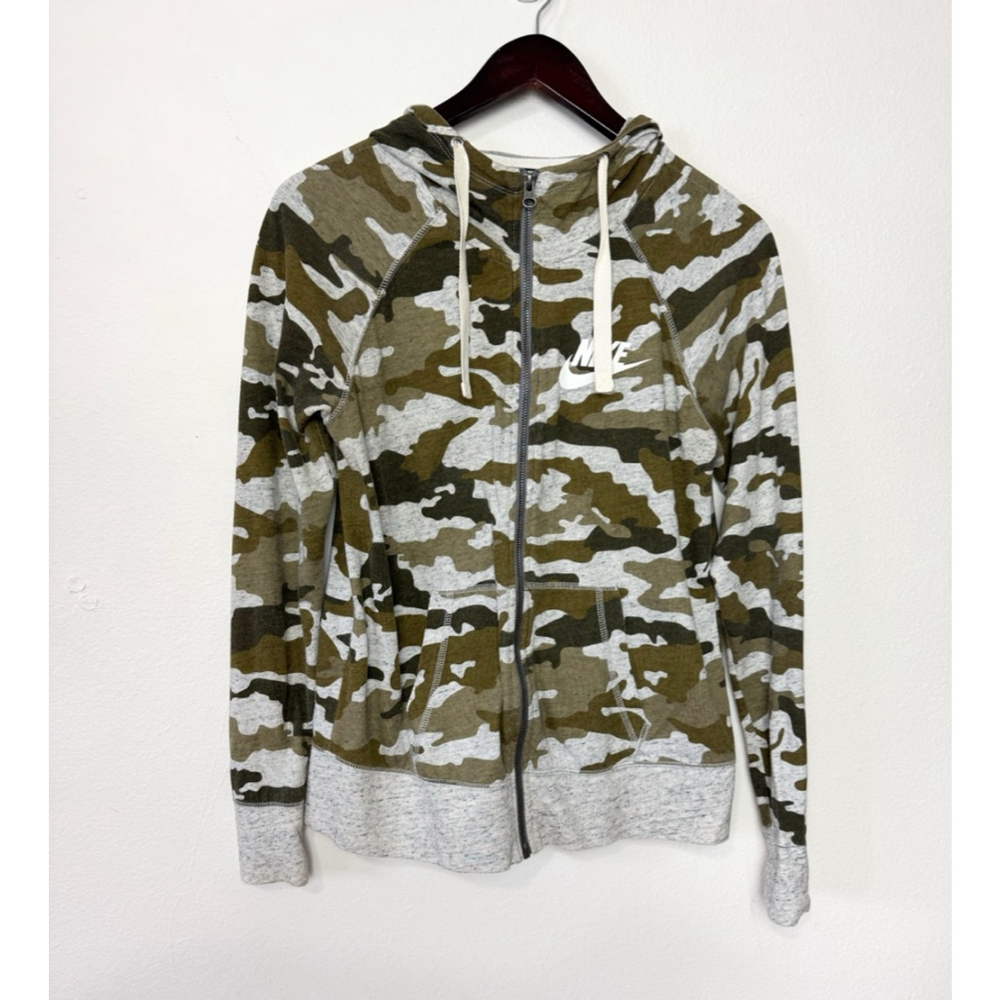 Nike Women Small Full Zip Hoodie Camo Print Green Gray Sweatshirt Athletic Jacke
